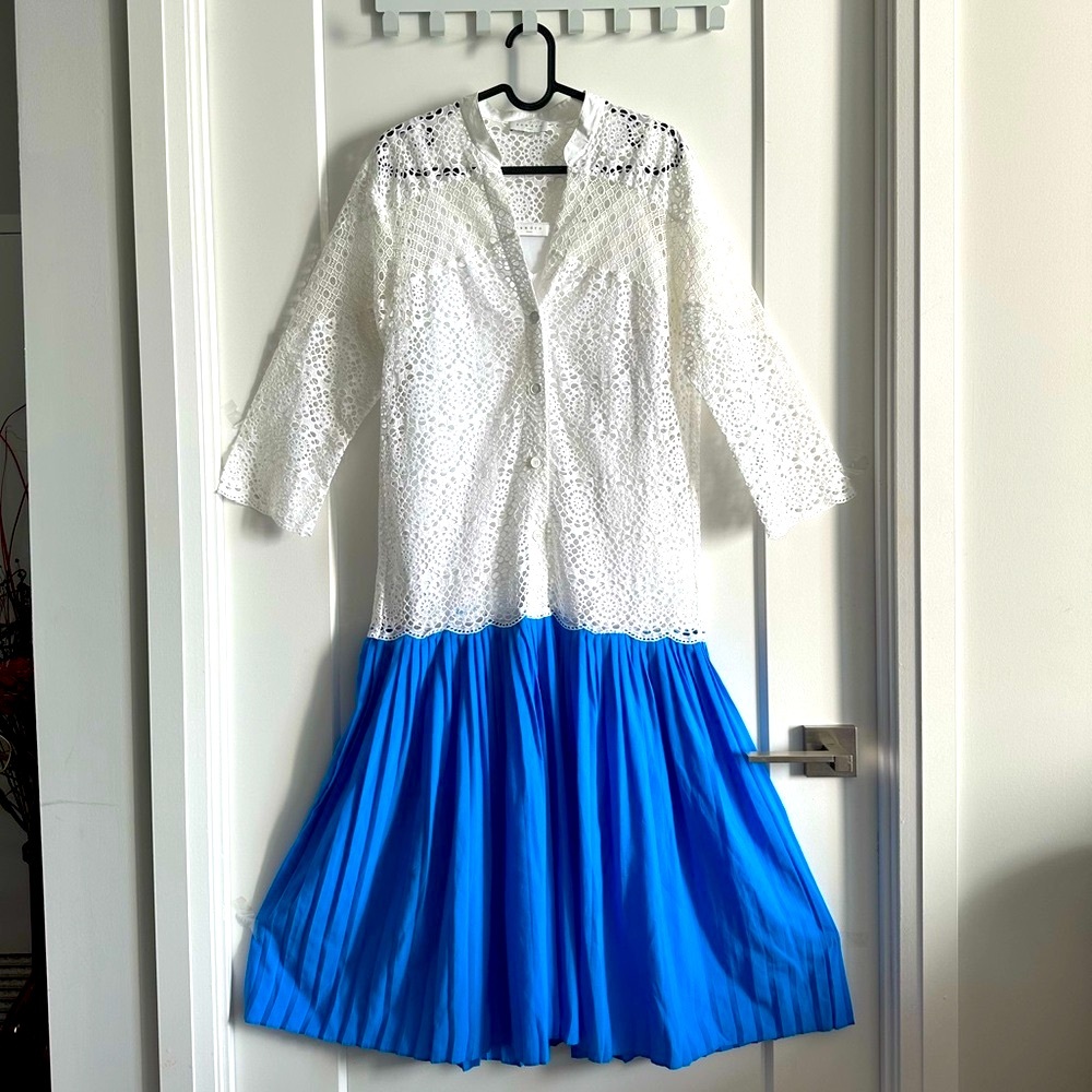 Sandro Paris White and Blue Fit and Flare Dress with V-Neck